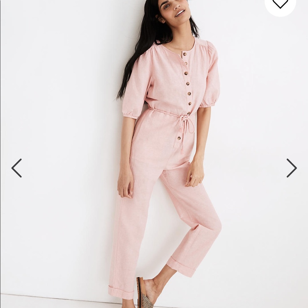 NWT Madewell Linen Blend Puff-Sleeve Tassel Tie Jumpsuit Avalon Pink Sz XXS